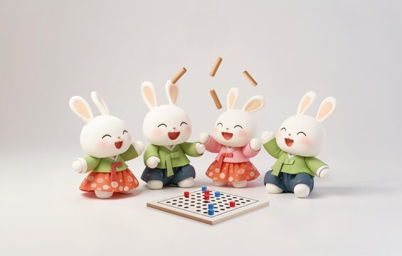 한복 입은 토끼 가족의 추석 윷놀이
