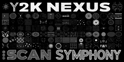 Y2k nexus scan symphony abstract graphic elements and text over black background