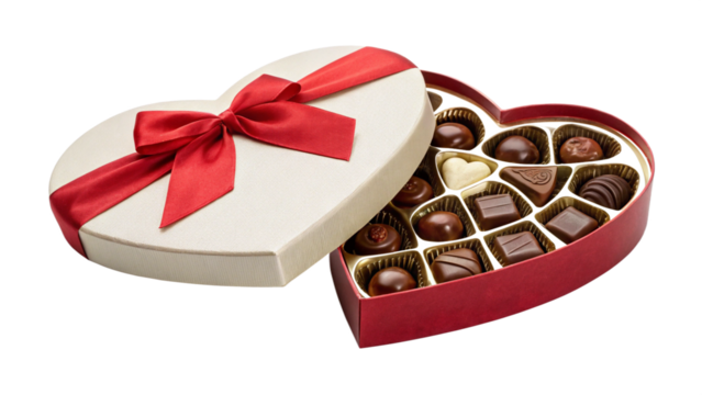 Heartshaped box of assorted chocolates with red ribbon isolated on transparent background