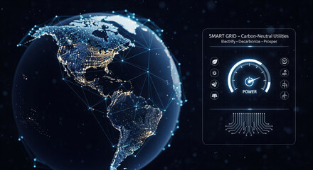 Digital globe smart grid carbon neutral utilities electricity decarbonize prosper futuristic technology network power innovation sustainability energy glowing blue night
