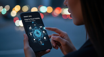 Smart grid technology interface on smartphone, woman using futuristic app for energy management, electric vehicle, home automation, and data insights in city at night