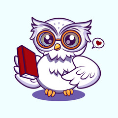 Intelligent owl reading a red book, symbolizing knowledge, study, and learning. Cute Character Mascot Illustration