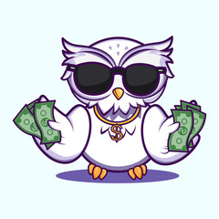 Confident owl wearing sunglasses and holding money, representing luxury and success. Cute Character Mascot Illustration