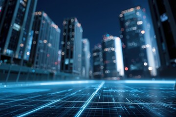 Smart city buildings rising over an illuminated digital network grid, portraying urban and technology advancements