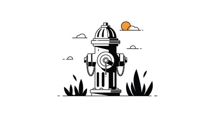 A vintage style fire hydrant stands tall amidst lush green grass under a bright orange sun.