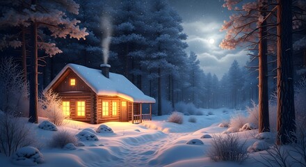 Winter Forest Cabin Glowing Windows Snowy Path Full Moon Night Landscape