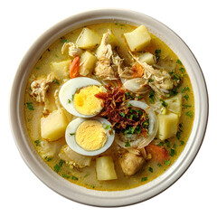 Indonesian Lontong Opor Ayam. Traditional chicken curry soup with rice cake and egg. Authentic Asian food isolated, top view.