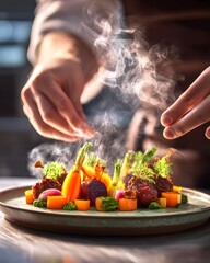 Chef garnishing gourmet food with steam rising close up view world food day