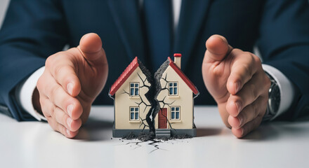 Businessperson protecting cracked house model, symbolizing property damage, insurance, risk management, and financial loss, with serious and concerned atmosphere