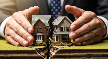 Two model houses divided by deep crack, with businessperson hands on each side, symbolize property division, legal dispute, or real estate separation, evoking tension and uncertainty