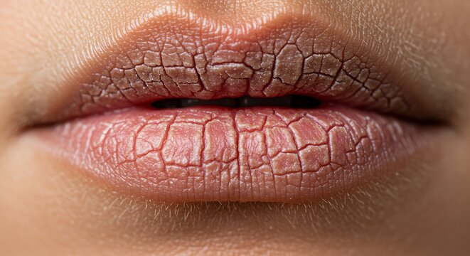 Close Up of Dry Chapped Lips with Cracks and Texture in Natural Light