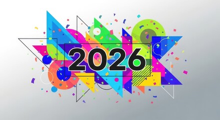 Geometric shapes and confetti forming the year 2026 isolated on white background