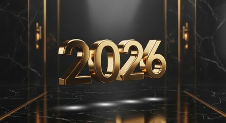 Golden 2026 new year on black marble background with spotlight effect