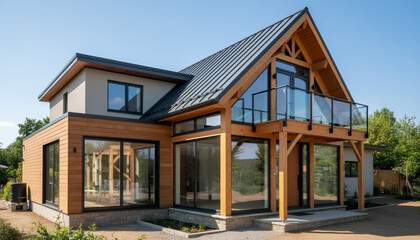 Stunning contemporary home featuring a timber frame design, expansive glass windows, and a beautiful wooden exterior on a sunny day