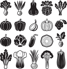Collection of fresh vegetable icons in black and white style