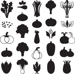 Collection of fresh vegetable icons in black and white style