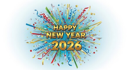 Happy new year 2026 design isolated on white background with confetti burst