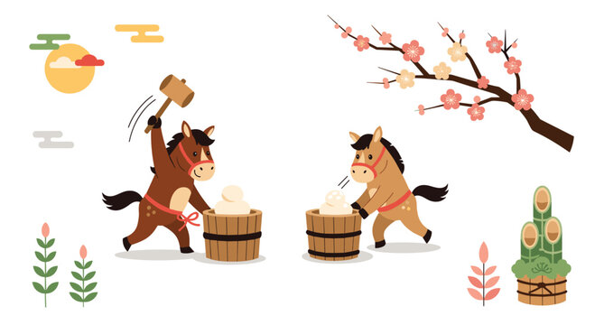 Horses preparing mochi for new year celebrations.