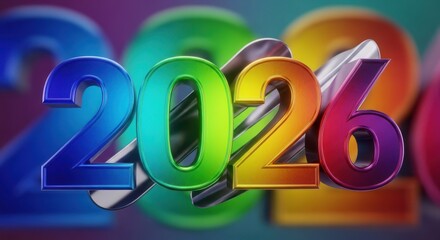 Vibrant and colorful 3d rendering of the year 2026 with a metallic finish