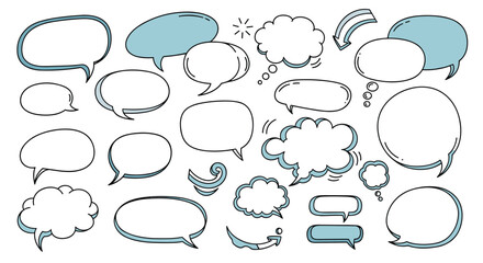 Fototapeta premium A collection of hand-drawn speech and thought bubbles with varying designs and sizes.