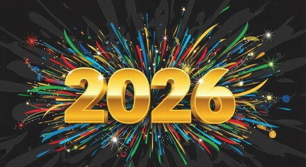 Spectacular burst background with the year 2026 in golden letters and fireworks