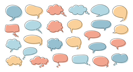 A collection of colorful hand-drawn speech bubbles with dashed outlines indicating conversations or ideas.