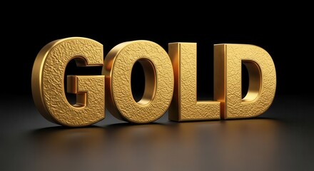 The word gold is written in golden letters on a black surface background