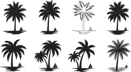 Obraz premium Palm tree silhouette vector set, tropical beach illustration with sailboat and water reflection, exotic island nature design, summer holiday decorative elements