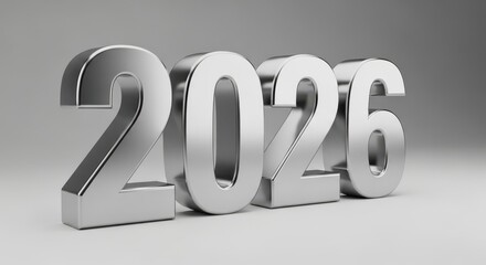 The year 2026 in metallic silver on a neutral background, modern design