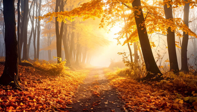 Autumn mood with foggy forest path covered in golden leaves, sunrise light, no people