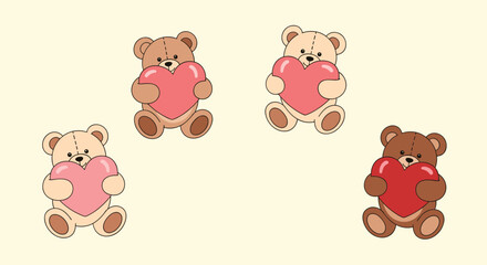 Obraz premium Four teddy bears are holding large hearts of various colors.