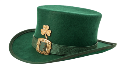 Green leprechaun hat with shamrock and buckle isolated on transparent background