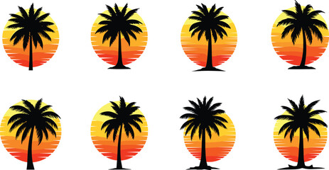 Obraz premium Palm tree silhouettes, tropical sunset graphics, summer vacation design, beach themed vector set, black and orange nature icons, exotic landscape illustration