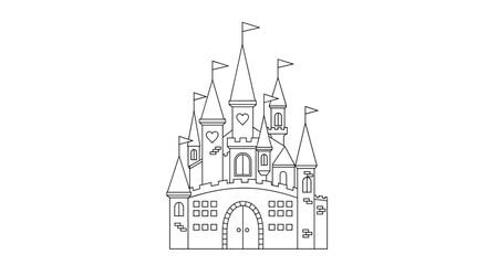 Fototapeta premium A simple line drawing of a fairytale castle with tall spires and flags.