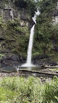 happy girl stands with arms outstretched admiring powerful tall hidden Nandroya Falls, Wooroonooran National Park, Waterfall Way, tropical North Queensland, near Cairns, Queensland, Australia