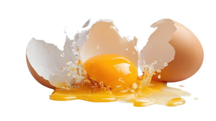 A cracked chicken egg with broken shell leaking fresh yolk and egg whites spilling naturally on white background
