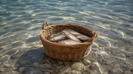Freshly Caught Fish in a Basket Resting on Shallow Water Surrounded by Clear Natural Environment