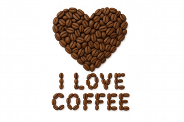 Coffee beans forming heart shape and i love coffee message, expressing passion and aroma on transparent background