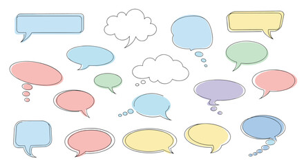 Fototapeta premium A collection of speech bubbles in various shapes and soft pastel colors for communication and ideas.