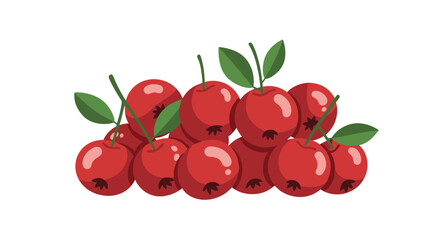 A healthy pile of ripe red berries with green leaves.