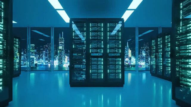 Futuristic Data Center with Glowing Servers Overlooking a Vibrant City Skyline at Night Modern High-Tech Cloud Computing Infrastructure and Network Operations - Powered by Adobe