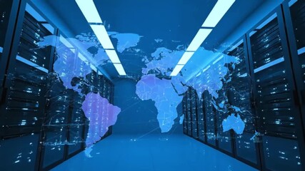 Global Data Network World Map Overlay in Modern Server Room Data Center for Digital Technology Cloud Computing and Internet Connectivity - Powered by Adobe