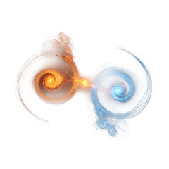 Cosmic fire and ice spirals representing duality. Abstract glowing fractal galaxies, a yin yang concept isolated on black for design.