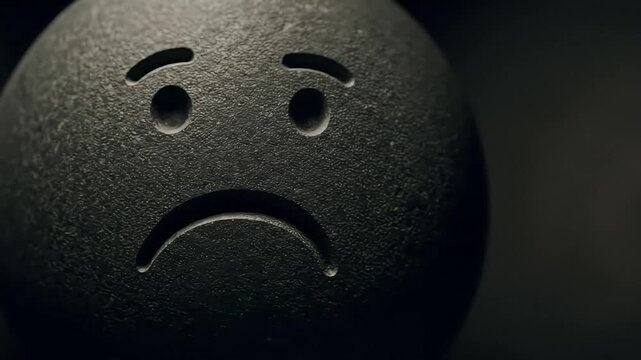 Close Up Dolly Shot of Carved Stone Sad Face Emoji