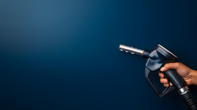 Hand holding a petrol pump nozzle on a blue background with space for text. Illustration of a banner background for the oil and fuel industry concept.