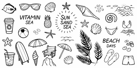 Collection of hand drawn beach vacation icons and symbols for summer holidays