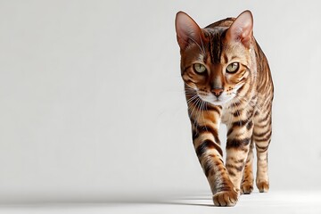Bengal cat walking on a white surface in a studio, showcasing its beautiful patterned fur.