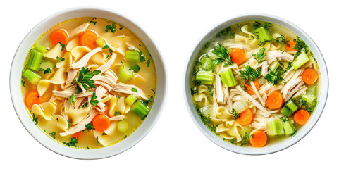 Delicious Chicken Noodle Soup in White Bowls with Fresh Vegetables on a Transparent Background