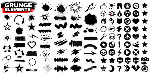 Collection of black grunge elements and icons for design projects
