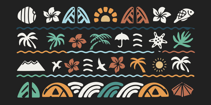 Fototapeta Collection of hawaiian inspired tropical icons and symbols in a playful hand drawn style on a dark background